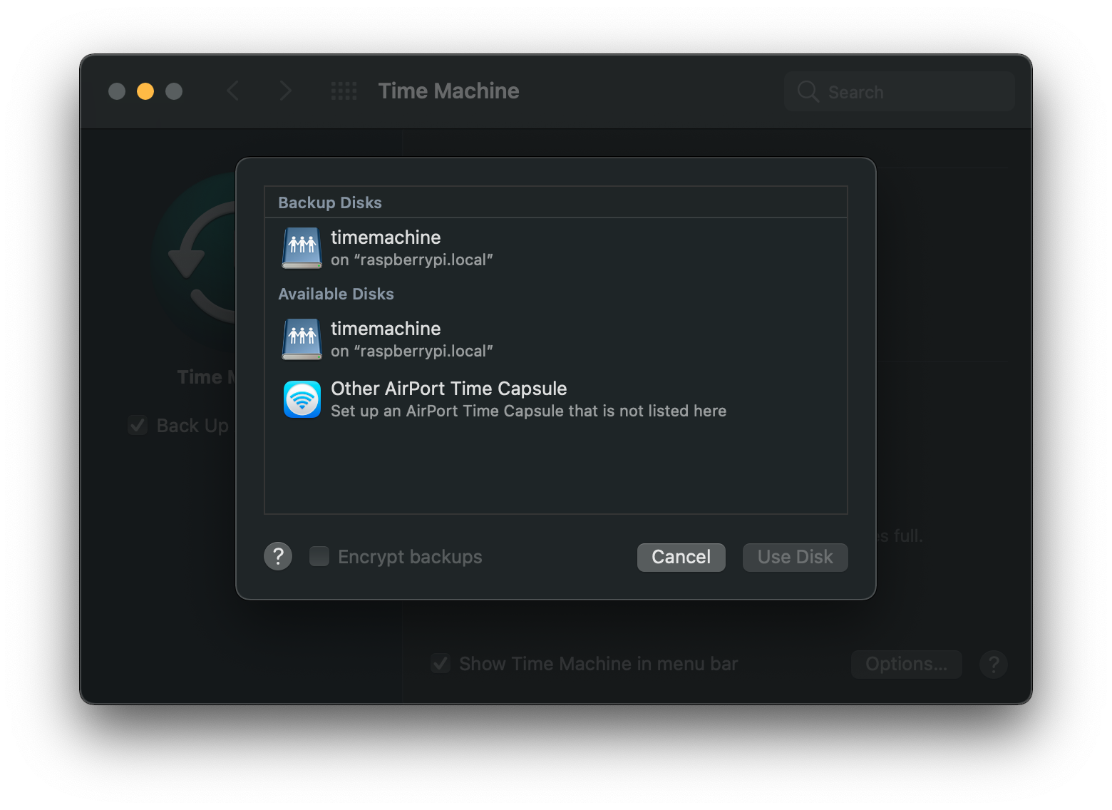 Time machine on raspberrypi